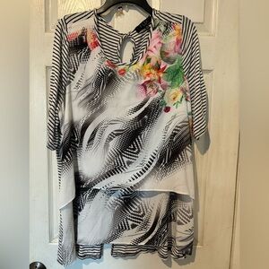 B.L.E.U. Chiffon Layered Front Black & White With Multi Colored Floral Design